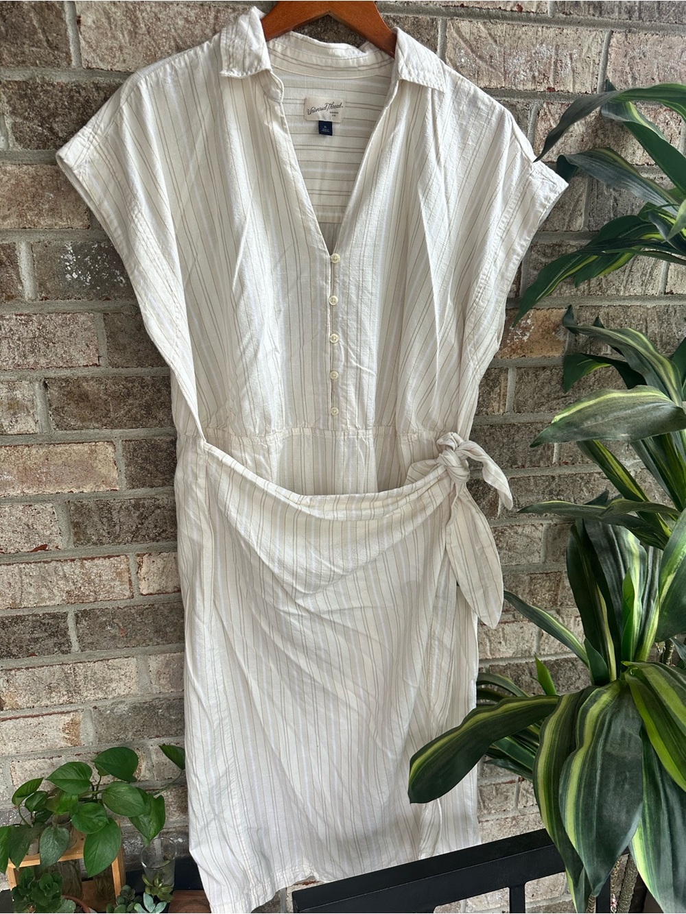 Cream Faux Wrap Cotton Blend Striped Midi Dress with Cap Sleeves